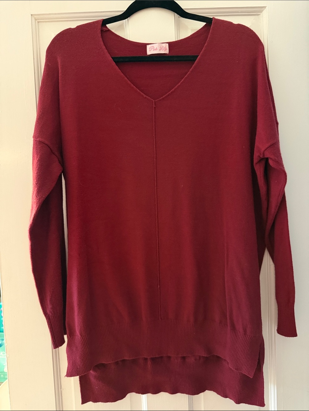 Pink Lily Burgundy V-Neck Lightweight Sweater